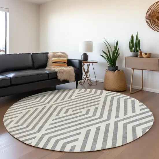 Gray and Ivory Round Geometric Washable Non Skid Indoor Outdoor Area Rug Photo 9