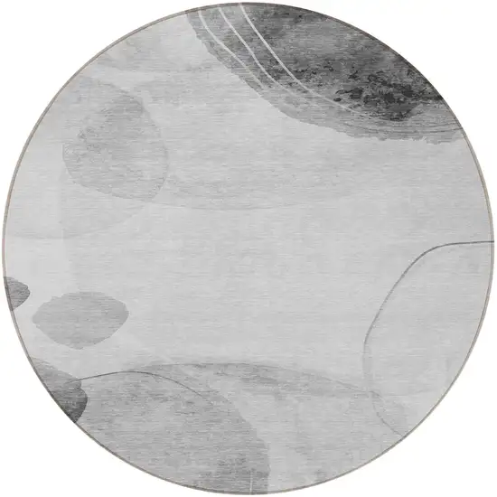 Gray and Light Gray Round Abstract Washable Non Skid Indoor Outdoor Area Rug Photo 5