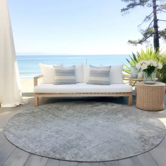 Gray and Off White Round Abstract Washable Non Skid Indoor Outdoor Area Rug Photo 8