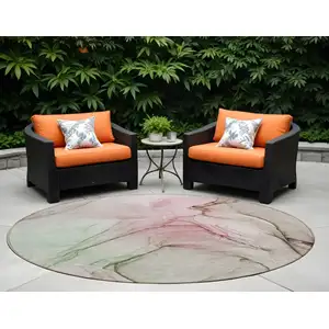 Photo of 8' Round Gray and Pink Round Abstract Washable Non Skid Indoor Outdoor Area Rug