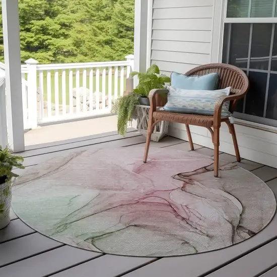 8' Round Gray and Pink Round Abstract Washable Non Skid Indoor Outdoor Area Rug Photo 8