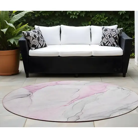 Gray and Pink Round Abstract Washable Non Skid Indoor Outdoor Area Rug Photo 1