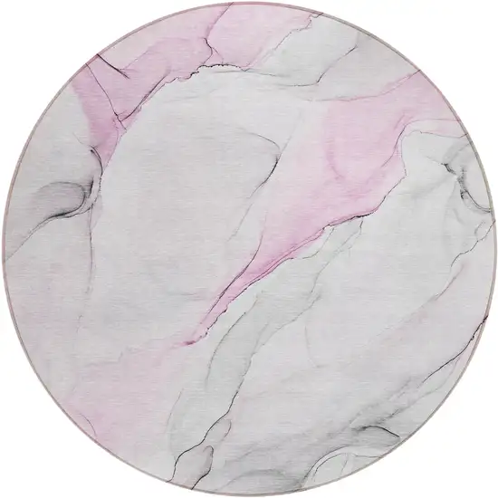 8' Round Gray and Pink Round Abstract Washable Non Skid Indoor Outdoor Area Rug Photo 2