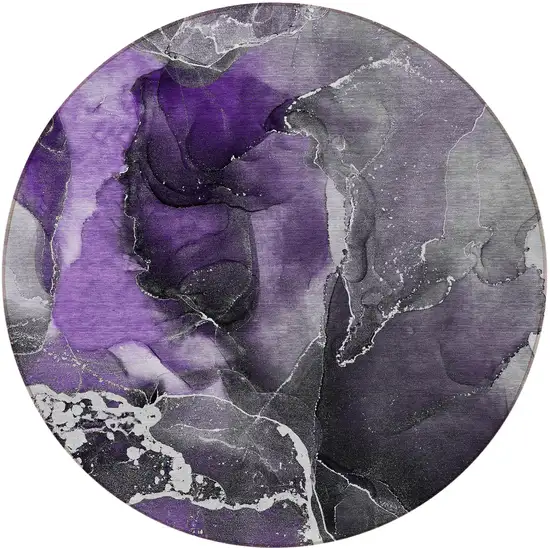 Gray and Purple Round Abstract Washable Non Skid Indoor Outdoor Area Rug Photo 4