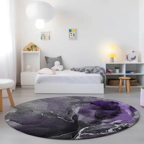 8' Round Gray and Purple Round Abstract Washable Non Skid Indoor Outdoor Area Rug Photo 9