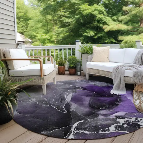 8' Round Gray and Purple Round Abstract Washable Non Skid Indoor Outdoor Area Rug Photo 8