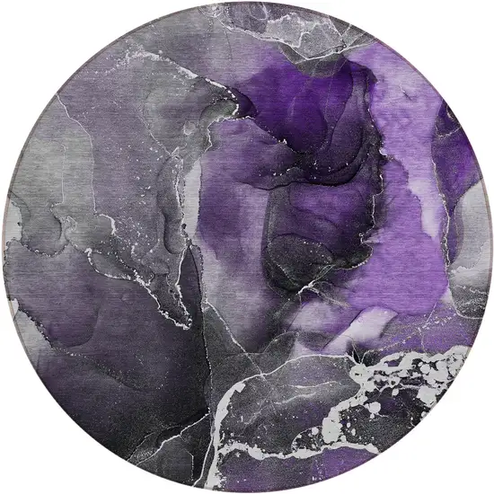 Gray and Purple Round Abstract Washable Non Skid Indoor Outdoor Area Rug Photo 2