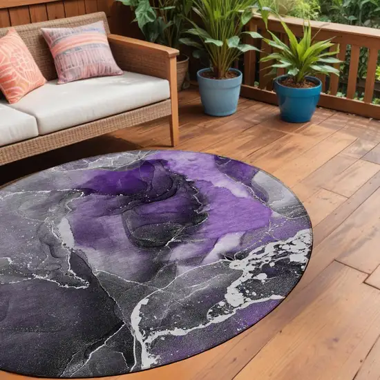 8' Round Gray and Purple Round Abstract Washable Non Skid Indoor Outdoor Area Rug Photo 1