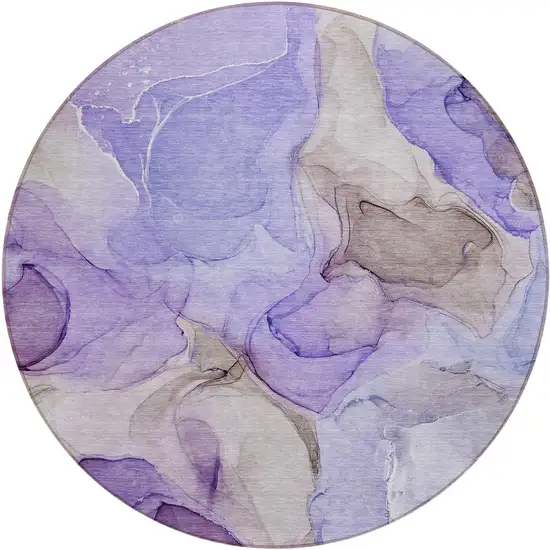 8' Round Gray and Purple Round Abstract Washable Non Skid Indoor Outdoor Area Rug Photo 2