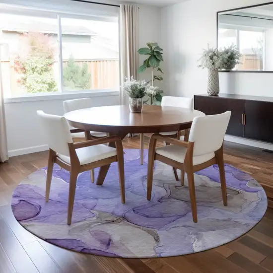 8' Round Gray and Purple Round Abstract Washable Non Skid Indoor Outdoor Area Rug Photo 9