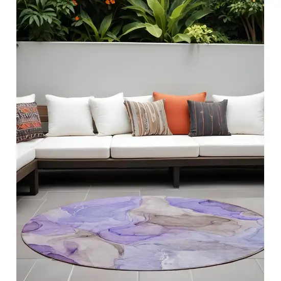 8' Round Gray and Purple Round Abstract Washable Non Skid Indoor Outdoor Area Rug Photo 1