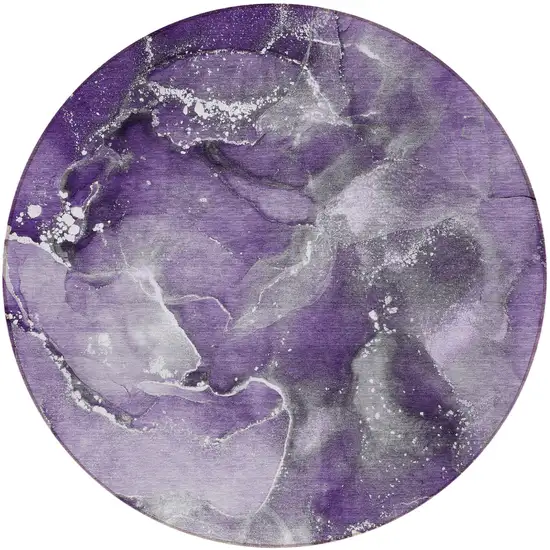 Gray and Purple Round Abstract Washable Non Skid Indoor Outdoor Area Rug Photo 5