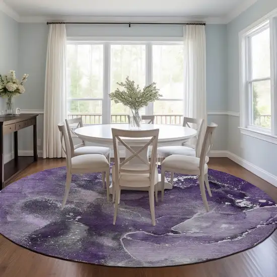 Gray and Purple Round Abstract Washable Non Skid Indoor Outdoor Area Rug Photo 9