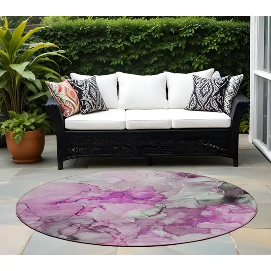 Gray and Purple Round Abstract Washable Non Skid Indoor Outdoor Area Rug Photo 1