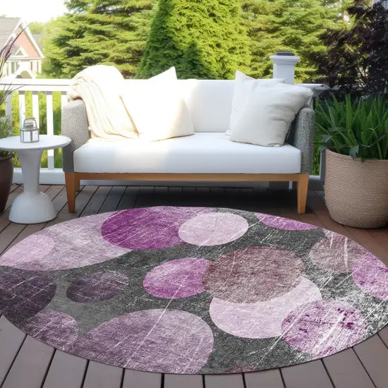 Gray and Purple Round Abstract Washable Non Skid Indoor Outdoor Area Rug Photo 6