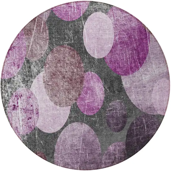 8' Round Gray and Purple Round Abstract Washable Non Skid Indoor Outdoor Area Rug Photo 3