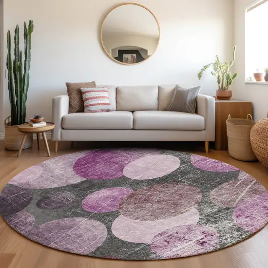 Gray and Purple Round Abstract Washable Non Skid Indoor Outdoor Area Rug Photo 7