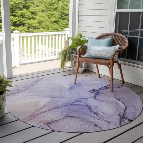 8' Round Gray and Purple Round Abstract Washable Non Skid Indoor Outdoor Area Rug Photo 8