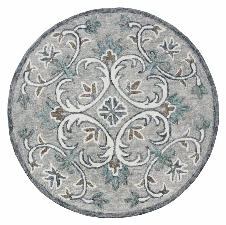 4' Round Gray and White Filigree Area Rug Photo 1