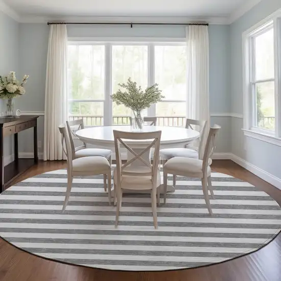 8' Round Gray and White Round Striped Washable Non Skid Indoor Outdoor Area Rug Photo 9