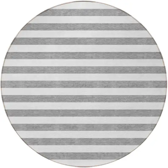 8' Round Gray and White Round Striped Washable Non Skid Indoor Outdoor Area Rug Photo 4