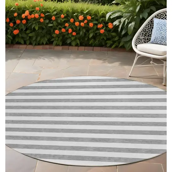 Gray and White Round Striped Washable Non Skid Indoor Outdoor Area Rug Photo 1