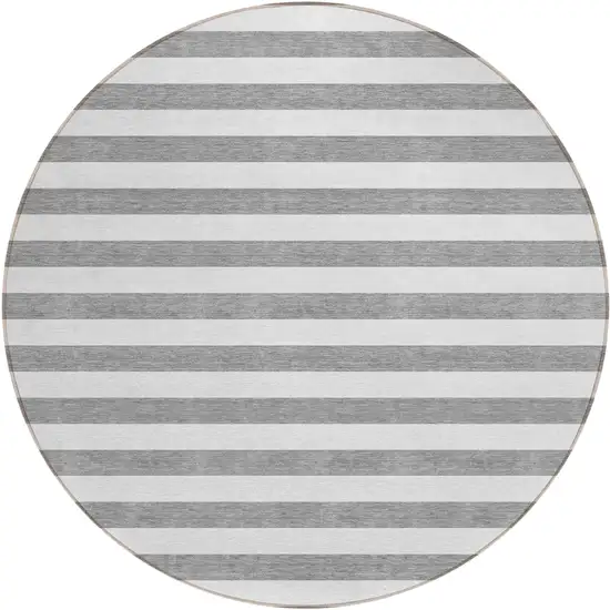 Gray and White Round Striped Washable Non Skid Indoor Outdoor Area Rug Photo 2