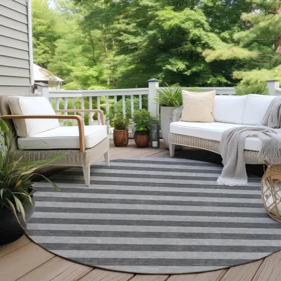 Gray and White Round Striped Washable Non Skid Indoor Outdoor Area Rug Photo 8