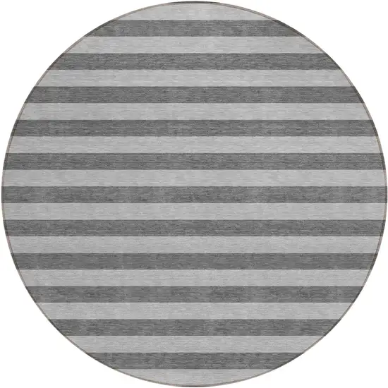 Gray and White Round Striped Washable Non Skid Indoor Outdoor Area Rug Photo 2