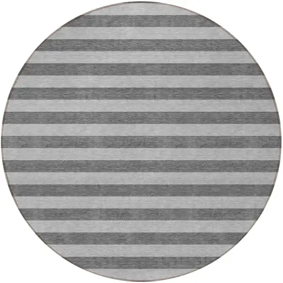 8' Round Gray and White Round Striped Washable Non Skid Indoor Outdoor Area Rug Photo 4