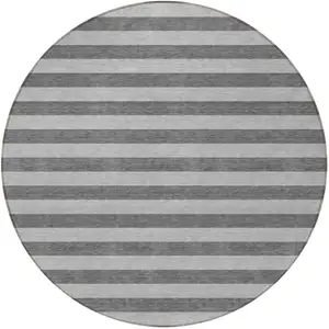 Photo of 8' Round Gray and White Round Striped Washable Non Skid Indoor Outdoor Area Rug