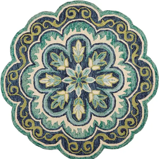 4' Round Green Floral Artwork Area Rug Photo 9