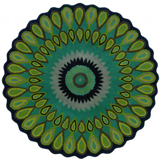 8' Round Green Peacock Feather Area Rug Photo 1