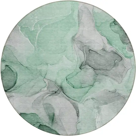 Green Round Abstract Washable Non Skid Indoor Outdoor Area Rug Photo 2