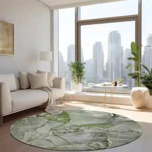 Photo of 8' Round Green Round Abstract Washable Non Skid Indoor Outdoor Area Rug