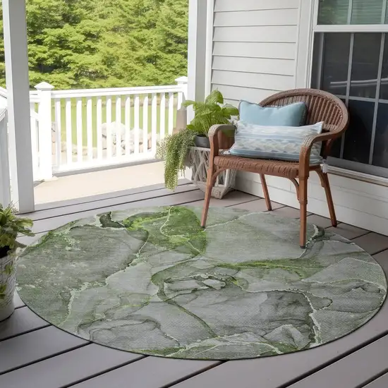 8' Round Green Round Abstract Washable Non Skid Indoor Outdoor Area Rug Photo 9