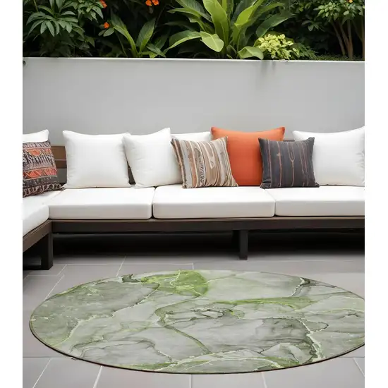 Green Round Abstract Washable Non Skid Indoor Outdoor Area Rug Photo 1