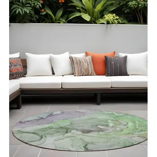 8' Round Green Round Abstract Washable Non Skid Indoor Outdoor Area Rug Photo 1