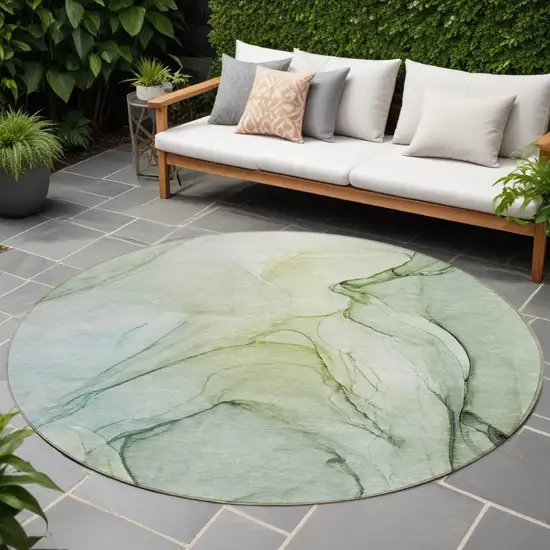 Green Round Abstract Washable Non Skid Indoor Outdoor Area Rug Photo 1