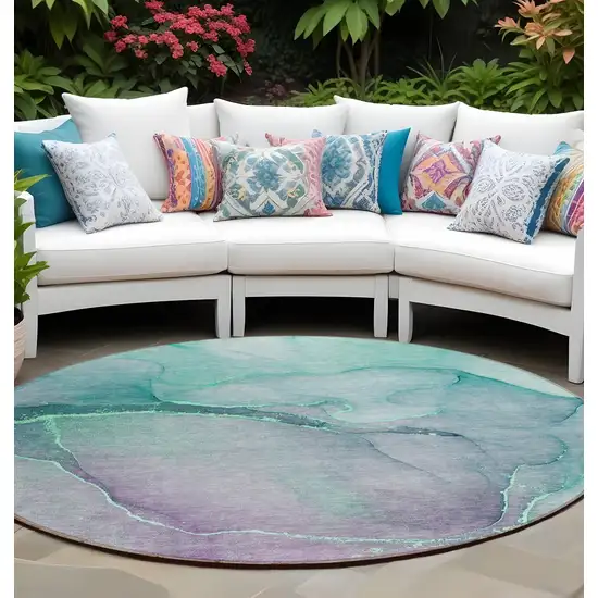 Green Round Abstract Washable Non Skid Indoor Outdoor Area Rug Photo 1