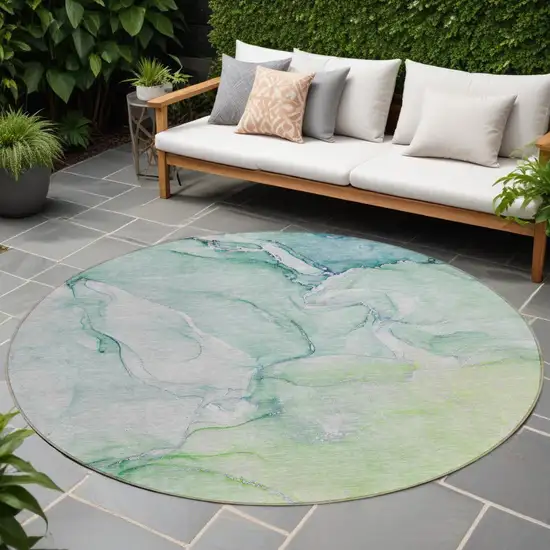 Green Round Abstract Washable Non Skid Indoor Outdoor Area Rug Photo 1