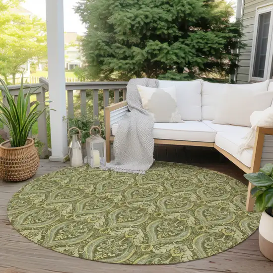 Green Round Damask Washable Non Skid Indoor Outdoor Area Rug Photo 9