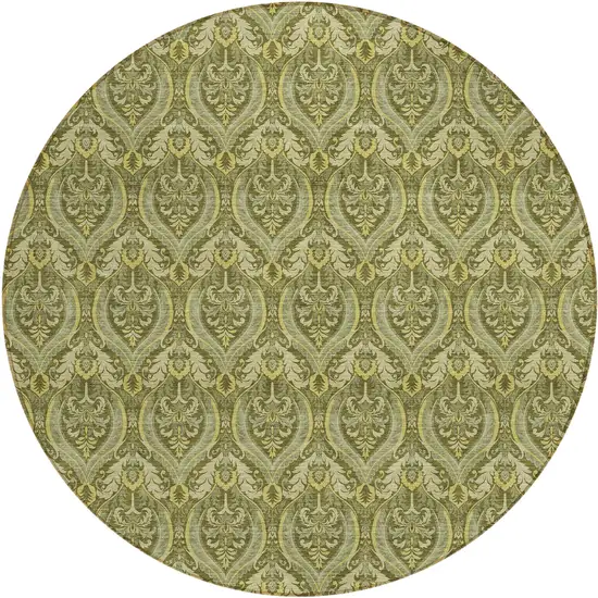 8' Round Green Round Damask Washable Non Skid Indoor Outdoor Area Rug Photo 2