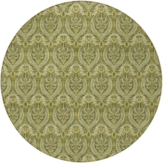 8' Round Green Round Damask Washable Non Skid Indoor Outdoor Area Rug Photo 4