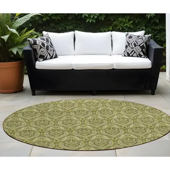 8' Round Green Round Damask Washable Non Skid Indoor Outdoor Area Rug Photo 1