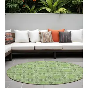 Photo of 8' Round Green Round Floral Medallion Washable Non Skid Indoor Outdoor Area Rug