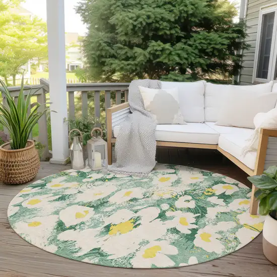 8' Round Green Round Floral Washable Non Skid Indoor Outdoor Area Rug Photo 9