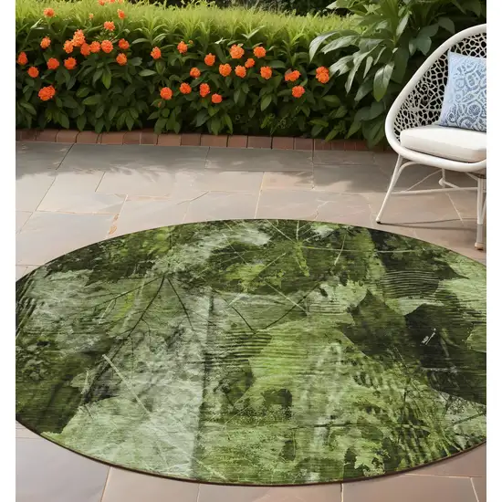 Green Round Floral Washable Non Skid Indoor Outdoor Area Rug Photo 1