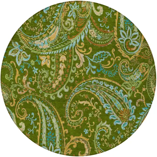 8' Round Green Round Paisley Washable Non Skid Indoor Outdoor Area Rug Photo 5