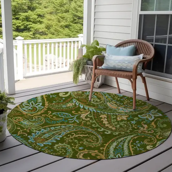 8' Round Green Round Paisley Washable Non Skid Indoor Outdoor Area Rug Photo 9